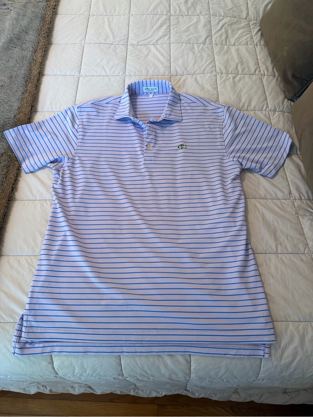 Peter Millar Light Blue and Navy Striped Polo